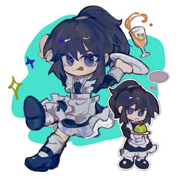 1girl :p alternate_costume animification arms_up black_dress black_hair black_shoes blue_eyes chibi chinese_commentary closed_mouth collared_dress commentary dress enmaided food frilled_dress frills frown full_body gelatin holding holding_plate juliet_sleeves long_hair long_sleeves looking_at_viewer maid mary_janes mole mole_under_eye multiple_views ninjago nya_(ninjago) outline plate ponytail puffy_sleeves riqing shoes simple_background socks sparkle tongue tongue_out white_outline white_socks wing_collar