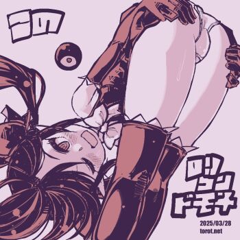 1girl ;d ass backbeako_(torotei) backbeard blush bow bowtie commentary dated dated_commentary dress elbow_gloves feet_out_of_frame from_behind from_side frontbend gegege_no_kitarou gloves hair_ribbon hand_on_own_ass kneepits kono_lolicon_domome loli long_hair looking_at_viewer looking_back monochrome one_eye_closed open_mouth original paid_reward_available panties pink_background pink_theme pointy_ears ribbon ringed_eyes simple_background sleeveless sleeveless_dress slit_pupils smile solo sweat thighhighs torotei translated twintails underwear watermark web_address