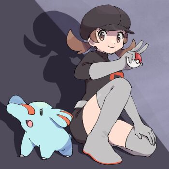 1girl black_shirt black_skirt boots breasts brown_eyes brown_hair closed_mouth cosplay elbow_gloves gen_2_pokemon gloves grey_boots hat holding holding_poke_ball long_hair lyra_(pokemon) nintendo open_mouth phanpy poke_ball poke_ball_(basic) pokemon pokemon_(creature) pokemon_hgss pumpkinpan shirt skirt smile team_rocket team_rocket_uniform thigh_boots twintails