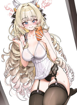 1girl @_@ absurdres alternate_costume babydoll black_panties black_thighhighs blonde_hair blue_eyes blush breasts crown_(nikke) drill_hair freeman_(tkuh4475) garter_belt goddess_of_victory:_nikke highres holding holding_phone large_breasts long_hair looking_at_phone panties phone seiza sitting skindentation solo thighhighs thighs too_many_drills underwear very_long_hair white_babydoll