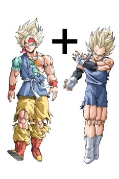 2boys absurdres aged_up beatlo_(rodrigo38658978) blonde_hair blue_bodysuit blue_shirt blue_tunic bodysuit dragon_ball dragon_ball_(object) dragon_ball_gt fingerless_gloves full_body gloves green_eyes highres male_focus medium_hair multiple_boys muscular muscular_male one_eye_closed pants shirt son_goku_jr. spiked_hair torn_bodysuit torn_clothes torn_pants torn_shirt torn_tunic tunic vegeta_jr. white_gloves yellow_pants