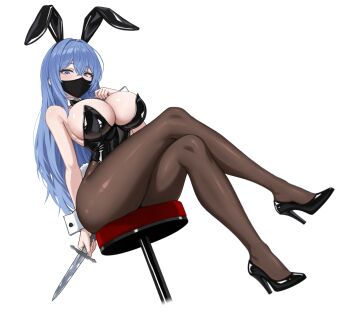 1girl animal_ear_hairband animal_ears black_bow black_bowtie black_leotard black_mask black_shoes blue_eyes blue_hair bow bowtie breasts commentary detached_collar english_commentary evil_rat fake_animal_ears fukuchi_reimi_(lmasayoshi) hairband high_heels highres holding holding_knife knife large_breasts leotard long_hair mask mouth_mask original pantyhose playboy_bunny rabbit_ear_hairband rabbit_ears shoes sitting solo white_wrist_cuffs wrist_cuffs