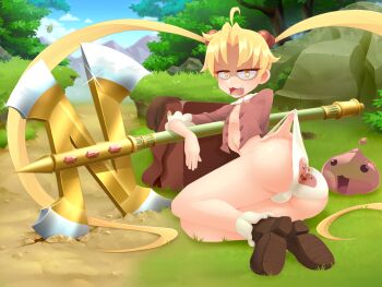 1girl absurdly_long_hair ahoge ass axe back-print_panties blonde_hair blue_sky blush breasts brown_bag brown_footwear brown_shirt bug chonchon cloud commentary daniel_renard day dirt_road english_commentary fang full_body glint grass hair_bobbles hair_ornament highres long_hair looking_at_viewer lying maya_(ragnarok_online) merchant_(ragnarok_online) mountain no_pants on_side open_clothes open_mouth open_shirt outdoors panties panty_lift path poring print_panties ragnarok_online ragnarok_the_animation road rock shaded_face shirt shoes sky slime_(creature) small_breasts tree twintails underwear v-shaped_eyebrows very_long_hair wedgie white_panties yellow_eyes