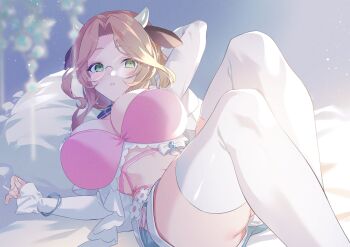 1girl alicja_da_lontano animal_ears arm_behind_head bra breasts brown_hair commentary cow_ears cow_girl cow_horns english_commentary flower glasses globie green_eyes highres horns long_sleeves pekoo_(pekota) pink_bra second-party_source solo thighhighs underwear virtual_youtuber white_flower white_horns white_thighhighs