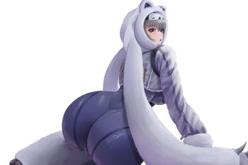 1girl absurdres animal_costume animal_hood ass bear_costume bear_hood blue_bodysuit bodysuit breasts from_behind goddess_of_victory:_nikke grey_hair highres hood huge_ass impossible_bodysuit impossible_clothes large_breasts looking_at_viewer looking_back mask mask_on_head neve_(nikke) open_mouth short_hair simple_background sitting skin_tight sleep_mask solo white_background wiiriik