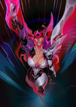 1girl angela_(marvel) aqua_background armor black_background black_bodysuit bodysuit breasts cleavage clenched_teeth collarbone commentary cyberpunk english_commentary flying gradient_background head_wings helmet highres holding holding_polearm holding_weapon large_breasts long_hair marvel marvel_rivals official_alternate_costume pauldrons pink_hair pink_wings polearm shoulder_armor signature single_pauldron single_wing solo teeth vontvirus weapon white_armor wings