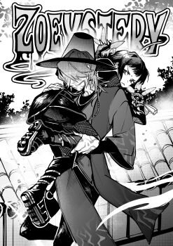 1boy 1girl absurdres arm_around_waist black_boots black_hat black_robe blunt_bangs boots carrying_over_shoulder couple double_bun dragonla facial_mark fingernails frown furrowed_brow greyscale hair_bun hair_over_eyes hat hetero highres holding holding_knife knife kpop_demon_hunters monochrome mystery_(kpop_demon_hunters) robe sharp_fingernails ship_name short_bangs short_hair updo zoey_(kpop_demon_hunters)