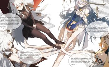 1boy 1girl 4girls abs aether_(genshin_impact) ahoge asmoday_(genshin_impact) bare_shoulders barefoot blonde_hair blush breasts cleavage clothed_female_nude_male collarbone commentary_request cooperative_footjob english_text feet footjob genshin_impact gradient_hair hands_on_another's_head hood istaroth_(genshin_impact) large_breasts long_hair multicolored_hair multiple_girls nude orange_hair pantyhose penis podari_parari rhinedottir_(genshin_impact) ronova_(genshin_impact) short_hair simple_background sitting speech_bubble teamwork_(sexual) white_hair yellow_eyes