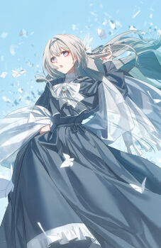1girl absurdres alternate_costume black_dress black_hairband blue_sky bow bowtie bu_bai_(wres2744) bug butterfly chinese_commentary commentary_request dress firefly_(honkai:_star_rail) glowing_butterfly gradient_eyes grey_hair hair_between_eyes hairband highres holding_own_dress honkai:_star_rail honkai_(series) insect long_hair multicolored_eyes parted_lips purple_eyes sky solo two-tone_eyes white_bow white_bowtie