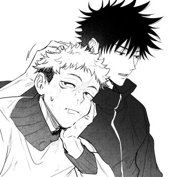 Rule 34 | 2boys, absurdres, closed mouth, commentary request, dirty, dirty face, full-length zipper, fushiguro megumi, greyscale, hands on another's head, hands on own face, highres, itadori yuuji, jacket, jujutsu kaisen, korean commentary, looking to the side, male focus, masdasi00, monochrome, multiple boys, open mouth, scar, scar on face, scar on forehead, scar on mouth, short hair, simple background, spiked hair, undercut, upper body, white background, zipper, zipper pull tab