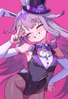 1girl :d alternate_costume animal_ears armpits bare_shoulders bow breasts buttons cl_oor closed_eyes detached_sleeves fake_animal_ears hair_ornament hat highres hololive hololive_english koseki_bijou long_hair long_sleeves multicolored_hair open_mouth pantyhose pink_hair playboy_bunny purple_background purple_hair rabbit_ears rabbit_tail simple_background small_breasts smile solo tail top_hat v v_over_head virtual_youtuber