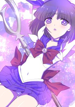 1girl arms_up back_bow bishoujo_senshi_sailor_moon black_hair blue_choker blue_sailor_collar blue_skirt bow choker circlet covered_navel glaive_(polearm) grey_eyes highres himehachi_(hime8manga) magical_girl miniskirt open_mouth panties pantyshot pleated_skirt polearm red_bow sailor_collar sailor_saturn sailor_senshi_uniform shirt short_hair silence_glaive skirt solo tomoe_hotaru underwear weapon white_panties white_shirt