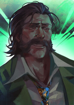 1boy absurdres aegyo_sal backlighting beard_stubble brown_eyes brown_hair collared_shirt disco_elysium facial_hair furrowed_brow green_jacket hair_slicked_back harry_du_bois highres jacket mutton_chops necktie painterly shirt short_hair solo stubble ultra-baklan-the-ovosh upper_body white_shirt worried