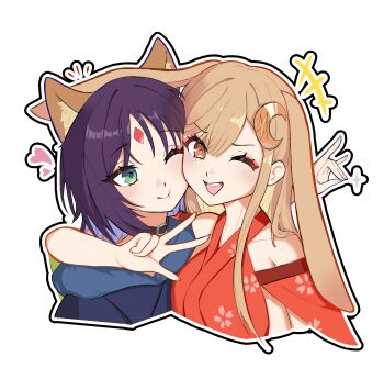 Rule 34 | 2girls, :t, ;d, absurdres, animal ears, arm over shoulder, black choker, blonde hair, brown eyes, cheek-to-cheek, chinese commentary, cho kaguya-hime!, choker, commentary request, crescent, crescent hair ornament, cropped torso, ear on another's head, forehead jewel, fox shadow puppet, green eyes, hair ornament, heads together, heart, highres, hood, hood down, kaguya (cho kaguya-hime!), long hair, looking at viewer, lop rabbit ears, multiple girls, one eye closed, open mouth, outline, purple hair, rabbit ears, sakayori iroha, short hair, smile, upper body, user gayc3272, w, white background, white outline, yuri