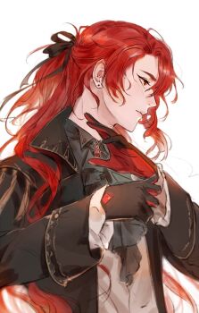 1boy alternate_hairstyle black_gloves black_jacket black_shirt blouse collared_shirt diluc_(genshin_impact) earrings from_side genshin_impact gloves jacket jewelry kkcoocool red_eyes red_hair shirt white_background