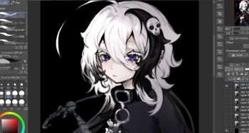 1girl ahoge art_program_in_frame black_collar black_shirt black_streaks blue_eyes closed_mouth cloud_(lufaeris) collar commentary double-parted_bangs english_commentary hair_between_eyes hair_ornament highres huge_ahoge long_hair looking_at_viewer multicolored_hair original shirt skull_hair_ornament solo streaked_hair unfinished upper_body