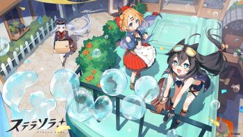 +_+ 3girls :3 :d ahoge animal_ears asymmetrical_gloves bare_shoulders black_gloves black_hair black_hat black_jacket black_shoes blowing_bubbles blue_hair blue_shorts blue_socks box braid brown_gloves bubble_wand buttons carrying closed_mouth collared_shirt commentary_request copyright_name copyright_notice crown_braid donna_(stella_sora) double-breasted floating_hair flower freesia_(stella_sora) frilled_skirt frills gloves goggles goggles_on_head gomzi hair_ornament hairclip hand_on_railing hat heterochromatic_eyewear highres holding holding_box jacket long_hair long_sleeves micro_shorts mismatched_gloves mismatched_socks multicolored_hair multiple_girls official_art one_side_up open_mouth orange_flower orange_hair orange_socks outdoors parallel_hairclips pinstripe_pattern pinstripe_shirt pinstripe_skirt post_haste_(stella_sora) red_shirt red_skirt second-party_source shirt shoes short_hair shorts side_ponytail skirt smile soap_bubbles socks standing stella_sora streaked_hair teresa_(stella_sora) thighhighs tinted_eyewear very_long_hair vignetting walking white_socks white_streaks white_thighhighs