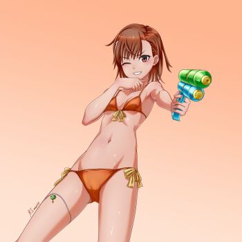 Rule 34 | 1girl, ;), absurdres, asymmetrical bangs, bikini, breasts, brown eyes, brown hair, cameltoe, dated commentary, djt (user wrzg5248), front-tie bikini top, front-tie top, gekota, hair ornament, hairpin, highres, holding, holding water gun, huge filesize, misaka mikoto, navel, one eye closed, orange bikini, short hair, side-tie bikini bottom, simple background, small breasts, smile, solo, swimsuit, toaru kagaku no railgun, toaru majutsu no index, water gun, wiping face