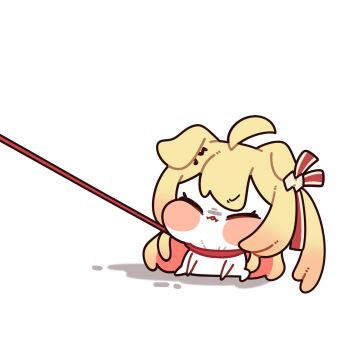 1girl 252_eyo :< ahoge all_fours animal_ears animalization blonde_hair blush_stickers chibi chibi_only closed_eyes commentary dog_ears dog_girl english_commentary fortissimo hair_ornament hair_ribbon highres hololive hololive_dev_is huge_ahoge leash leash_pull long_hair musical_note musical_note_hair_ornament otonose_kanade puffy_cheeks pulling ribbon shadow simple_background solo virtual_youtuber white_background