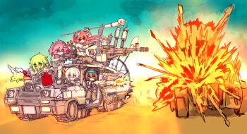 Rule 34 | 5girls, absurdres, alternate costume, ammunition belt, animal ears, armored vehicle, battle, black gloves, black pants, bow, braid, brown hair, cat ears, cat tail, chest sarashi, commentary, drinking gasoline, explosion, extra ears, eyeball, fang, fingerless gloves, firing, fujiwara no mokou, gasoline, gloves, green eyes, green hair, green hairband, grey hair, gun, hair bow, hair ornament, hairband, heart, heart hair ornament, highres, holding, holding gun, holding weapon, kaenbyou rin, komeiji koishi, komeiji satori, korean commentary, multiple girls, multiple tails, nekomata, no headwear, open mouth, outdoors, pants, pink eyes, pink hair, rampa93, red eyes, red hair, reiuji utsuho, sarashi, siblings, sisters, skin fang, skull, smile, tail, third eye, touhou, twin braids, two tails, weapon