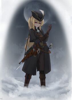 1girl absurdres adjusting_clothes adjusting_gloves blonde_hair boots brown_boots brown_vest commentary english_commentary girls'_frontline gloves glowing glowing_eyes gun halloween hat hat_feather highres long_coat long_hair looking_at_viewer moon mr.something ponytail red_eyes rifle sniper_rifle sv-98_(girls'_frontline) sword vest weapon