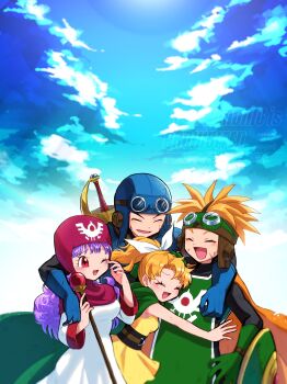 2boys 2girls absurdres arm_around_neck arm_around_shoulder belt black_bodysuit blonde_hair blue_gloves blue_hat blue_sky blue_tunic blush bodysuit bow breasts brother_and_sister bruise bruise_on_face cape cloud cloudy_sky commentary_request cousins cowboy_shot crossed_arms curly_hair dragon_quest dragon_quest_ii dress gloves goggles goggles_on_headwear green_gloves green_tabard hair_bow happy hat high_ponytail highres holding holding_staff injury long_hair long_sleeves looking_at_another medium_breasts multiple_boys multiple_girls open_mouth orange_cape outdoors pink_hood ponytail prince_of_lorasia prince_of_samantoria princess_of_moonbrook princess_of_samantoria purple_hair red_eyes robe sawarabi_(sawarabi725) shield short_hair siblings sky sleeveless sleeveless_dress smile spiked_hair staff sword sword_on_back tabard tunic weapon weapon_on_back white_bow white_robe yellow_dress