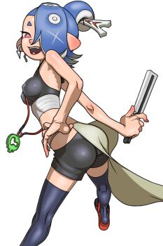 ass breasts chest_sarashi covered_erect_nipples earrings eyeliner fangs folding_fan from_behind hair_ornament hair_over_one_eye hair_stick hand_fan hand_on_own_hip jewelry looking_at_viewer looking_back makeup medium_breasts nintendo octoling open_mouth paper_fan platform_sandals red_eyes sandals sarashi shiver_(splatoon) shiver_(splatoon_raiders) shorts smile splatoon_(series) splatoon_raiders tank_top tentacle_hair thighhighs tsuichi white_background