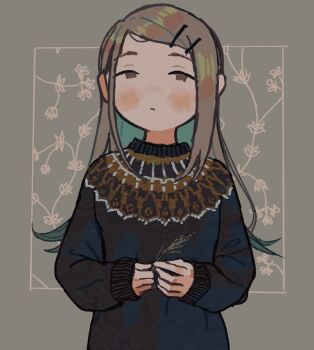 Rule 34 | 1girl, blush stickers, brown eyes, commentary, expressionless, gakuen idolmaster, grey background, grey hair, hair ornament, hairclip, holding, holding plant, idolmaster, io (onisarashi), long hair, long sleeves, plant, shinosawa hiro, sleeves past wrists, solo, sweater, upper body