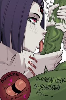1boy 1girl beast_boy_(dc) blush colored_skin couple dc_comics english_text excited excited_for_sex fellatio green_skin handjob heart heart-shaped_pupils highres large_penis licking licking_penis oral penis purple_hair raven_(dc) symbol-shaped_pupils teen_titans uncensored veins veiny_penis