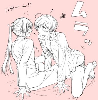 2boys ahoge barefoot blush closed_mouth collared_shirt commentary_request ensemble_stars! flustered flying_sweatdrops full_body hair_between_eyes hand_on_another's_arm heart jacket kanzaki_souma knee_up kneeling leaning_forward long_hair long_sleeves looking_at_another male_focus male_underwear motoyui multiple_boys nervous_sweating open_clothes open_mouth open_shirt pants parted_bangs pectoral_cleavage pectorals pink_background ponytail school_uniform shinkai_kanata shirt short_hair sidelocks sitting spot_color squiggle sweat tubuan_oisii underwear v-shaped_eyebrows wet wet_clothes yaoi yumenosaki_school_uniform