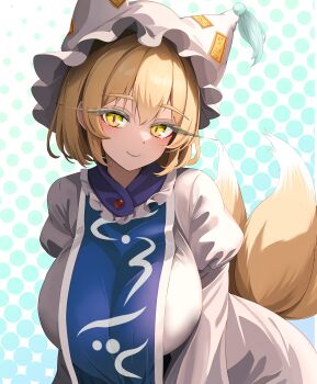 1girl absurdres blonde_hair blue_tabard breasts closed_mouth dress fox_girl fox_tail frills hair_between_eyes hat highres kitsune kyuubi large_breasts leaning_forward long_sleeves looking_at_viewer medium_hair multiple_tails smile solo sugar_you tabard tail touhou white_dress yakumo_ran yellow_eyes