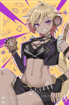 1girl abs absurdres ahoge alternate_costume animal animal_ears axel_(koko_d._nuts) bell belt black_belt black_gloves black_jacket black_shorts blonde_hair blush blush_stickers bracelet breasts bright_pupils cleavage commentary cropped_jacket crossed_legs dark-skinned_female dark_skin english_commentary eyelashes fingerless_gloves fingernails gloves grin heart highres holding holding_animal indie_virtual_youtuber jacket jewelry koko_d._nuts matt_estrela mole mole_on_breast monkey monkey_ears monkey_girls monkey_tail multicolored_hair nail_polish navel open_clothes open_jacket outline pink_eyes pink_hair purple_nails scar scar_across_eye scar_on_face shorts single_fingerless_glove sitting skll smile spiked_bracelet spikes star_(symbol) tail teeth toned toned_female turtle two-tone_hair virtual_youtuber white_outline white_pupils