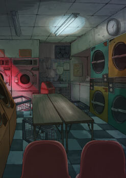 ceiling ceiling_light chair checkered_floor clock fluorescent_lamp indoors koze_niire laundromat laundry_basket long_table nijisanji no_humans scenery table tile_ceiling tiles wall_clock washing_machine wide_shot