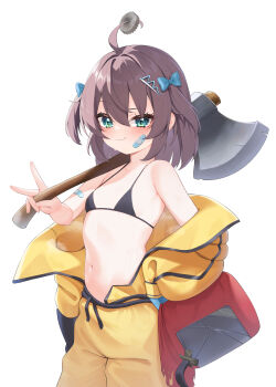 1girl :3 absurdres ahoge alternate_costume axe bandaid bandaid_on_arm bandaid_on_cheek bandaid_on_face bikini bikini_top_only black_bikini blue_bow blush bow breasts brown_hair closed_mouth commentary cowboy_shot gears green_eyes hair_between_eyes hair_bow hair_ornament hairclip halterneck hazmat_suit highres holding holding_axe hololive jumpsuit looking_at_viewer medium_hair micro_bikini natsuiro_matsuri navel off_shoulder over_shoulder raised_eyebrow rust_(game) simple_background small_breasts solo standing steaming_body stomach sweat swimsuit two_side_up v very_sweaty virtual_youtuber white_background yellow_jumpsuit yoshie_eneko