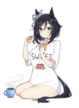 1girl absurdres alternate_costume animal_ears black_hair black_tail blue_eyes blush breasts clothes_writing coffee coffee_mug commentary cup eating eishin_flash_(umamusume) english_commentary food highres holding holding_food horse_ears horse_girl horse_tail large_breasts mug oversized_clothes oversized_shirt print_shirt shirt short_hair simple_background sitting sleeveless smoke smoke_trail solo sweets tail thighs ukichan22905846 umamusume white_background white_shirt yokozuwari