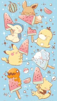 Rule 34 | abra, aqua background, commentary request, cyndaquil, eevee, food, fruit, gen 1 pokemon, gen 2 pokemon, gen 3 pokemon, gen 8 pokemon, highres, holding, holding food, holding popsicle, nintendo, no humans, open mouth, pikachu, poke ball, poke ball (basic), pokemon, pokemon (creature), pokemon focus, popsicle, psyduck, snom, temariame14, trapinch, watermelon