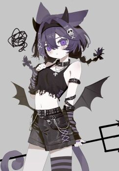 1cyaya1 1girl absurdres animal_ears arm_belt arm_warmers belt black_arm_warmers black_belt black_collar black_shoes black_thighhighs braid breasts cat_ears cat_girl cat_tail collar commentary_request crop_top demon_horns demon_wings frown grey_background highres holding holding_pitchfork horns looking_at_viewer low_wings merlot_(1cyaya1) multiple_belts original pitchfork purple_arm_warmers purple_eyes purple_hair purple_nails purple_thighhighs shoes short_hair simple_background single_thighhigh small_breasts solo squiggle striped_arm_warmers striped_clothes striped_thighhighs tail thighhighs twin_braids wings