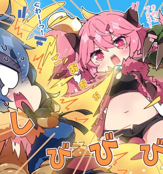 2girls absurdres arzuros black_bow black_shorts blank_eyes blue_hair blue_sky bow breasts breath_weapon breathing_fire brown_jacket character_request check_character chibi commentary_request congalala cropped_jacket emphasis_lines fire hair_between_eyes highres jacket large_breasts milkpanda monster_hunter_(series) multiple_girls navel open_clothes open_fly open_jacket open_mouth open_shorts personification pink_hair red_eyes sharp_teeth short_eyebrows short_shorts shorts sky standing sweat teardrop teeth thick_eyebrows translation_request turning_head v-shaped_eyebrows v-shaped_eyes