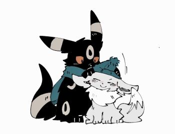 Rule 34 | alternate color, black fur, black tail, blue hat, blue scarf, closed eyes, closed mouth, colored sclera, eevee, gen 1 pokemon, gen 2 pokemon, grey fur, grey tail, hat, looking at another, nintendo, pokemon, pokemon (creature), red sclera, scarf, shiny pokemon, simple background, sitting, smile, umbreon, white background, zugvogel 0525