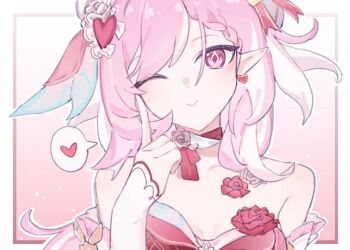 1girl bare_shoulders border breasts commentary_request diamond-shaped_pupils diamond_(shape) earrings elf elysia_(hi_love_elf)_(honkai_impact) elysia_(honkai_impact) heart heart_earrings highres honkai_(series) honkai_impact_3rd jewelry long_hair looking_at_viewer manfu_w medium_breasts multicolored_hair pink_background pink_hair pointy_ears purple_eyes smile solo spoken_heart symbol-shaped_pupils two-tone_hair upper_body very_long_hair white_border white_hair