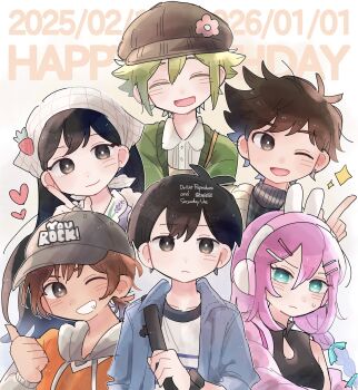 2girls 4boys absurdres animal_ear_headphones animal_ears antenna_hair aubrey_(birthday)_(omori) aubrey_(faraway)_(omori) aubrey_(omori) baseball_cap basil_(birthday)_(omori) basil_(faraway)_(omori) basil_(omori) black_eyes black_hair blonde_hair blue_eyes blue_jacket blush braid bright_pupils brother_and_sister brothers brown_hair cardigan closed_mouth collared_jacket collared_shirt dark-skinned_male dark_skin double-parted_bangs ear_piercing fake_animal_ears green_cardigan grey_hat grin hair_between_eyes hair_ornament hairclip hapipipp hashtag-only_commentary hat headphones headscarf hero_(birthday)_(omori) hero_(faraway)_(omori) hero_(omori) highres hood hood_down hoodie index_finger_raised jacket kel_(birthday)_(omori) kel_(faraway)_(omori) kel_(omori) long_hair long_sleeves looking_at_viewer low_ponytail low_twin_braids mari_(birthday)_(omori) mari_(faraway)_(omori) mari_(omori) multiple_boys multiple_girls newsboy_cap official_alternate_costume omori one_eye_closed open_cardigan open_clothes open_mouth orange_hoodie parallel_hairclips piercing pink_cardigan pink_hair ponytail rabbit_ear_headphones rabbit_ears shirt short-sleeved_jacket short_hair short_ponytail short_sleeves siblings sidelocks smile sunny_(birthday)_(omori) sunny_(omori) sweater teeth thumbs_up turtleneck turtleneck_sweater twin_braids twitter_username watch white_cardigan white_headscarf white_pupils white_shirt wristwatch