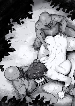 1girl 3boys all_fours bald bar_censor blush breasts censored closed_eyes completely_nude crying crying_with_eyes_open doggystyle fellatio gang_rape gangbang goblin goblin_male grabbing_another's_arm grabbing_another's_ass grabbing_from_behind groping group_sex hand_on_another's_ass hand_on_another's_head huge_breasts huge_penis jumping medium_hair monochrome multiple_boys nude open_mouth oral original penis pointy_ears rape seura_isago sex sex_from_behind tears testicles