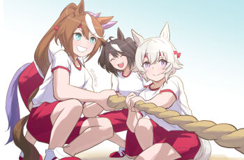 4girls ahoge animal_ears black_hair blue_eyes blush bow breasts brown_hair closed_eyes closed_mouth commentary_request curren_chan_(umamusume) ear_ribbon grey_hair gym_shirt gym_shorts gym_uniform hair_between_eyes headband holding holding_rope horse_ears horse_girl horse_tail kitasan_black_(umamusume) long_hair mejiro_mcqueen_(umamusume) mukakin multicolored_hair multiple_girls open_mouth ponytail pulling purple_eyes red_headband red_shorts rope shirt shoes short_hair short_sleeves shorts single_hair_streak smile sports_festival squatting streaked_hair tail teeth tokai_teio_(umamusume) tracen_training_uniform tug_of_war two-tone_hair umamusume white_hair white_shirt white_streaks