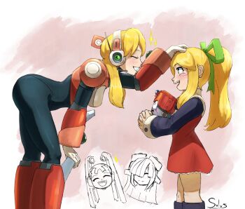 alia_(mega_man) armor armored_boots bent_over black_bodysuit black_sleeves blonde_hair blush bodysuit boots breasts closed_eyes dress from_side gloves green_eyes green_ribbon hair_ribbon hand_on_another&#039;s_head headphones highres in-franchise_crossover knee_boots knee_pads large_breasts leaning_forward long_hair long_sleeves mega_man_(series) mega_man_x_(series) miniskirt open_mouth pink_background ponytail red_dress ribbon roll_(mega_man) short_dress shoulder_armor sidelocks skirt smile sulus_spir1t turtleneck white_background white_gloves