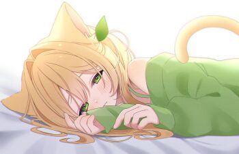 1girl absurdres animal_ears bare_shoulders blonde_hair blush cat_ears cat_girl cat_tail closed_mouth green_eyes green_sweater hair_between_eyes hair_ornament highres leaf_hair_ornament long_hair long_sleeves looking_at_viewer lying off-shoulder_sweater off_shoulder on_side original solo sweater tail uu3cm white_background