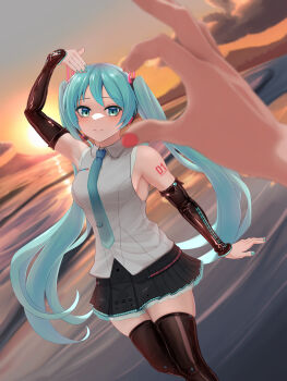 2girls absurdres aqua_eyes aqua_hair aqua_nails aqua_trim arm_tattoo arm_up armpits beach black_skirt blush closed_mouth collared_shirt commentary_request detached_sleeves grey_shirt hair_between_eyes hair_ornament hatsune_miku highres kasane_teto long_sleeves multiple_girls nice_knee_socks_day number_tattoo orangela_rik over-kneehighs pleated_skirt pov pov_hands red_nails shirt skirt smile tattoo thick_thighs thighhighs thighs utau vocaloid zettai_ryouiki