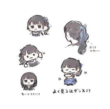 1girl :3 animification ao_kaeru arm_up black_hair black_jacket blue_ribbon blue_skirt chibi chibi_only closed_eyes hair_ribbon highres jacket looking_at_viewer multiple_views ponytail real_life ribbon shirt skirt translation_request tsukine_kona u_u voice_actor white_shirt