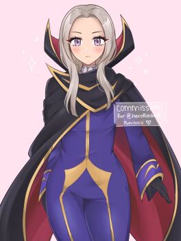 1girl artist_name black_cape black_gloves blush bodysuit cape closed_mouth code_geass commentary commission cosplay edelgard_von_hresvelg english_text eyelashes fire_emblem fire_emblem:_three_houses gloves grey_hair highres lelouch_vi_britannia lelouch_vi_britannia_(cosplay) long_hair looking_at_viewer luci_(purrlucii) nintendo pink_background purple_bodysuit purple_eyes red_cape signature simple_background solo standing two-sided_cape two-sided_fabric two-tone_cape