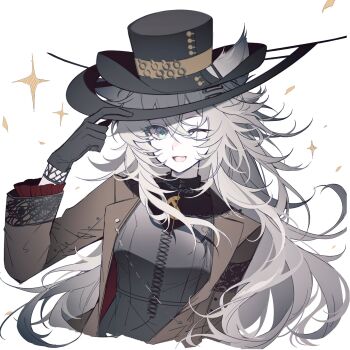 1girl ;d arknights black_dress black_gloves black_hat blue_eyes brown_jacket cropped_torso dress fang gloves grey_hair hair_between_eyes hashtag-only_commentary hat hat_tip highres jacket kuraudoberi lappland_(arknights) long_hair long_sleeves one_eye_closed open_clothes open_jacket open_mouth scar scar_across_eye scar_on_face simple_background smile solo sparkle white_background