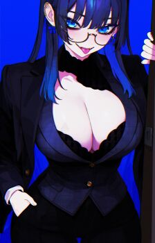 1girl absurdres alternate_costume black_jacket black_pants blue_background blue_eyes blue_hair breasts cleavage commentary english_commentary glasses hamaxade hand_in_pocket highres hololive hololive_english huge_breasts jacket long_hair looking_at_viewer ouro_kronii pants semi-rimless_eyewear solo tongue tongue_out virtual_youtuber